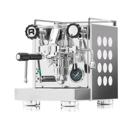 <img src="Appartamento_WHITE.jpg" alt="Rocket Espresso Appartamento 咖啡機，銀色不鏽鋼機身，搭配白色圓點的經典造型">