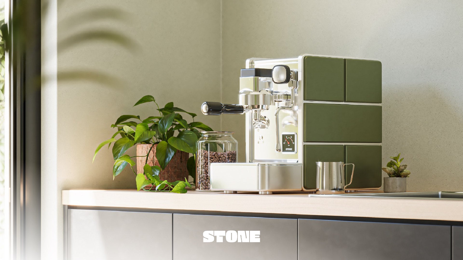 Stone Espresso Machine 綠色款，採用創新材質打造，結合時尚外觀與專業功能，為咖啡愛好者帶來全新體驗。